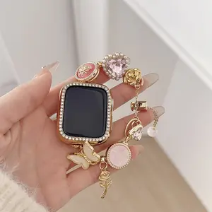 Women's Apple Watch Band, Luxury Rose Heart Gemstone Buckle Beaded Bracelet Strap, Smart Watch Straps, Compatible with Apple Watch 38-49mm, Adjustable No Tool