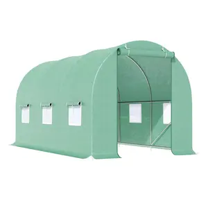 Outsunny 15' x 6' x 7' Walk-in Tunnel Greenhouse with Roll-up Door & Ventilation Windows, Galvanized Steel Frame, Green PE Cover for Garden Plant Growing House
