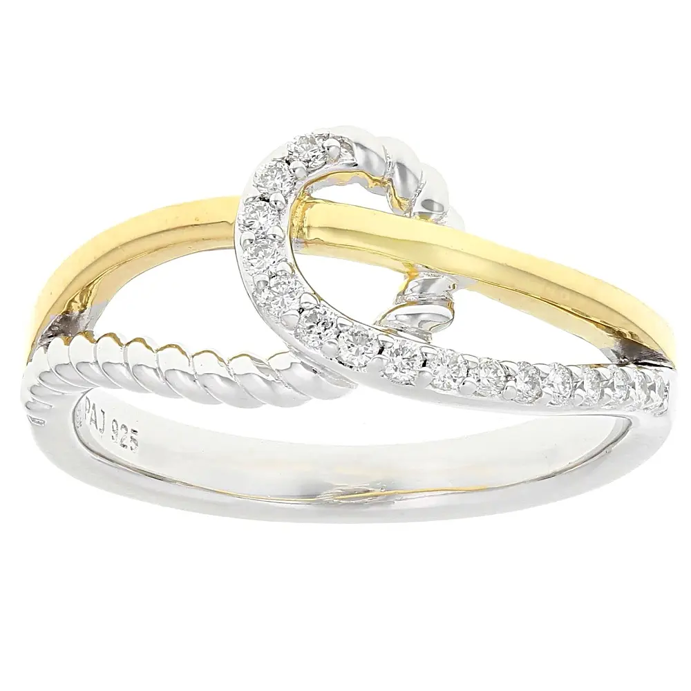 JTV White Lab-grown Diamond G-H SI 18K Gold and Rhodium Over Silver Rope Design Bypass Ring 0.15ctw