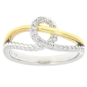 JTV White Lab-grown Diamond G-H SI 18K Gold and Rhodium Over Silver Rope Design Bypass Ring 0.15ctw