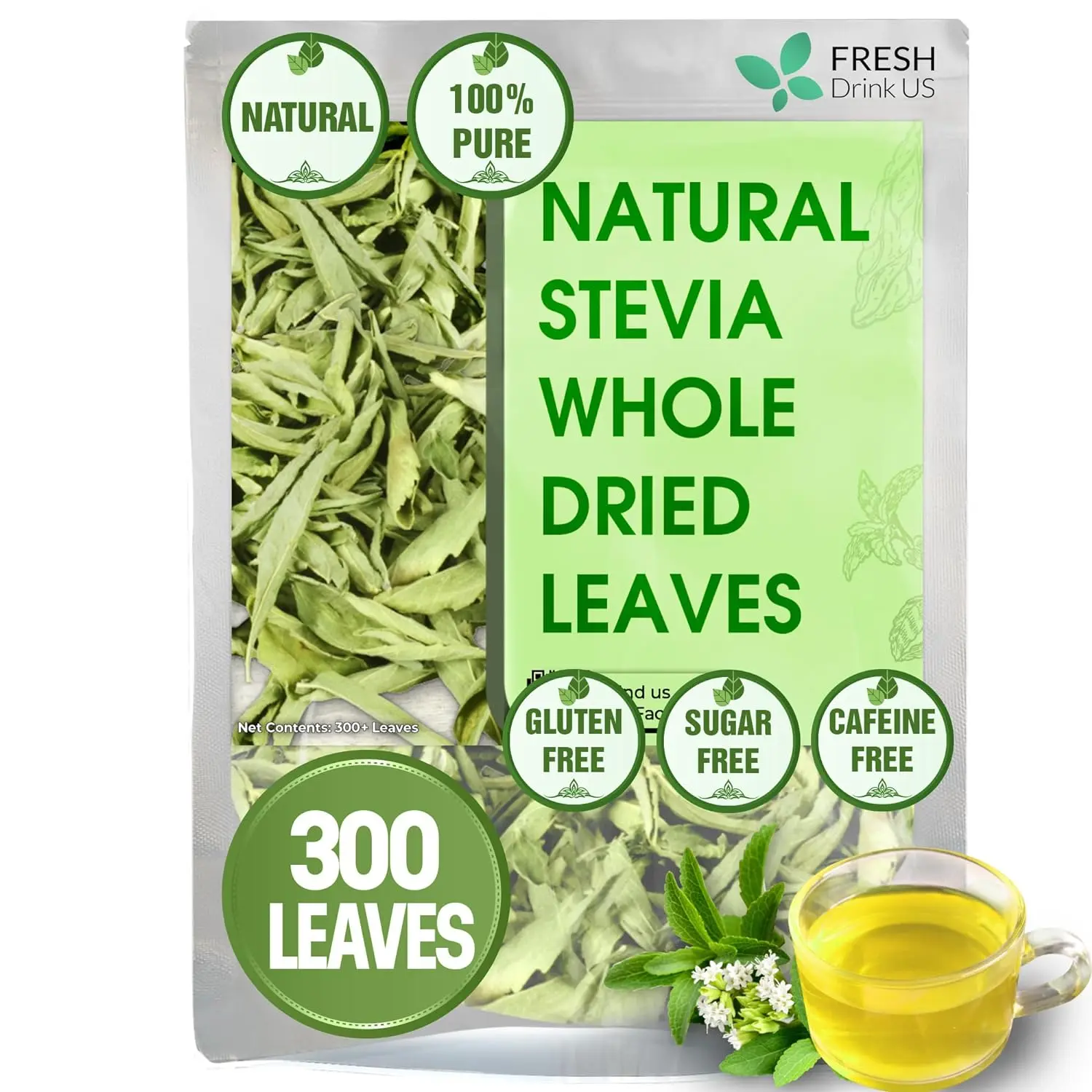 Natural Stevia Leaves, 300 Count, Whole Dried Leaves, 100% Pure Stevia Dried Leaves, Stevia Leaf Tea, Zero Calorie Sweetener, No Additives, No Caffeine, Vegan, Beverage Natural Sugar