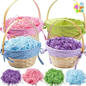 4 Pcs Easter Bamboo Baskets Gift Woven Baskets with Handles and 4 Colors Grass Paper Shreds, Candy Wicker Candy Toys Storage Bucket for Easter Egg Hunt, Kids Party Supplies(9" X 8")