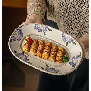 1pc Rustic Style Ceramic Oval Plate, 10-Inch Textured Glaze, High-Temperature Resistant Breakfast Fish Plate, Non-Bone China