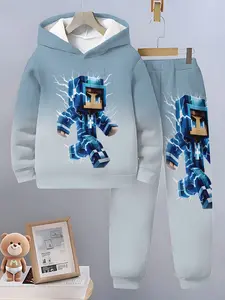 Boys Spring & Fall Sports Set, Minecraft Steve Light Blue Lightning Hoodie and Pants Two-Piece, Casual Game Style