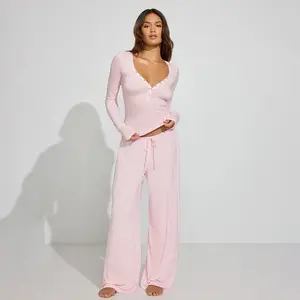 The Mila Lounge Set – Button-Up Long Sleeve Top & Wide-Leg Drawstring Pants