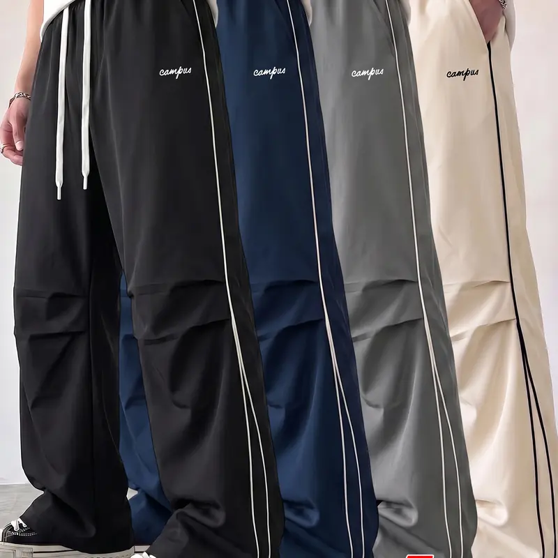 Men's 4-Pack Loose Straight Polyester Pants - Elastic Drawstring Waist, Casual Athletic Street Style, Versatile Long Pants for Everyday Wear & Fitness