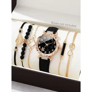 6pcs/Set Ladies Watch Fashionable Ladies' Pu Leather Strap Quartz Watch With Matching Bracelets Kit