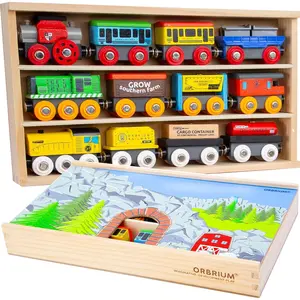 12 Wooden Train Cars Set with Wooden Storage Box with Box Cover Tunnel for 3,4,5,6,7 Years Old Compatible with Thomas & Friends Push-Along, Brio, IKEA, Imaginarium, Melissa and Doug