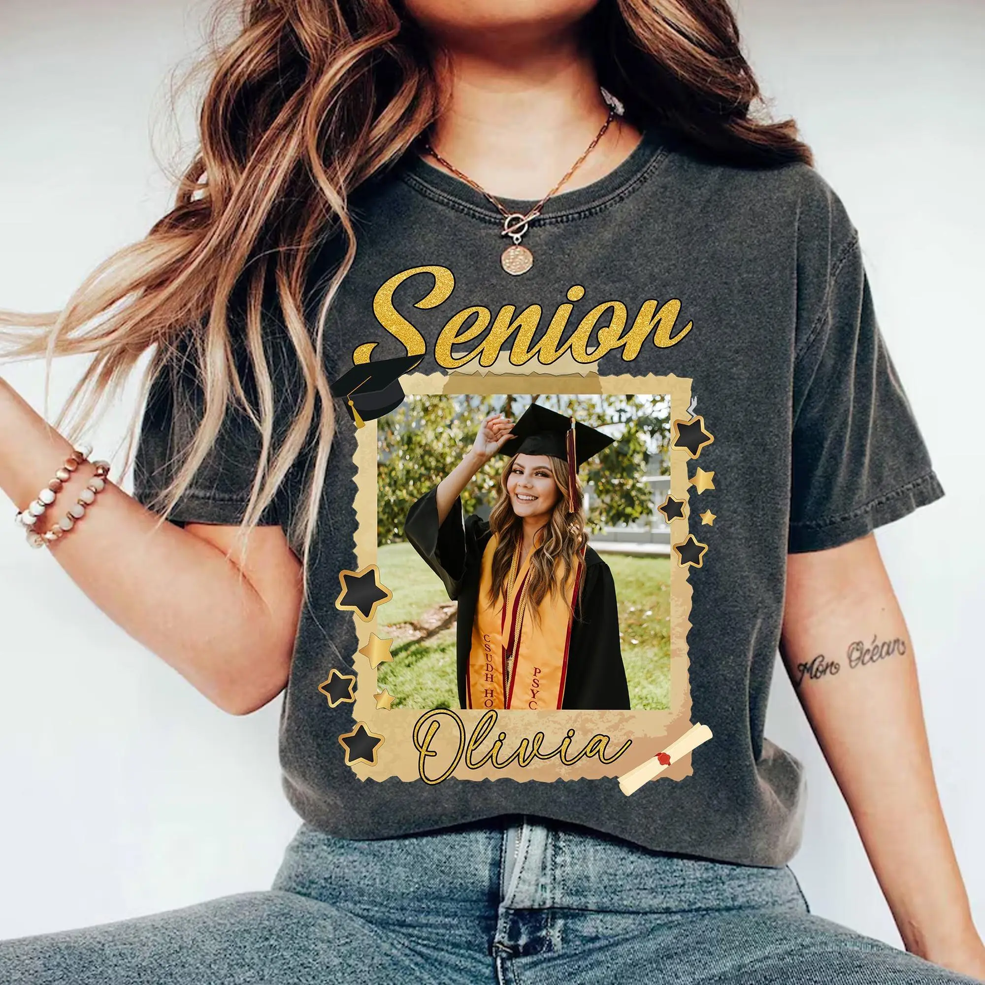 Custom Photo Senior 2026 Name Shirt Class Of Graduation T-Shirt, Personalized Shirt, Back Bow Design, High School