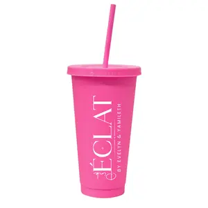 24OZ REUSABLE PLASTIC CUPS WITH LID & STRAW