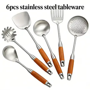 6-Piece Kitchen Utensil Set, Stainless Steel Cooking Tools, Wooden Handle, Non-Stick, Heat Resistant, Spatula, Soup Ladle, Slotted Spoon