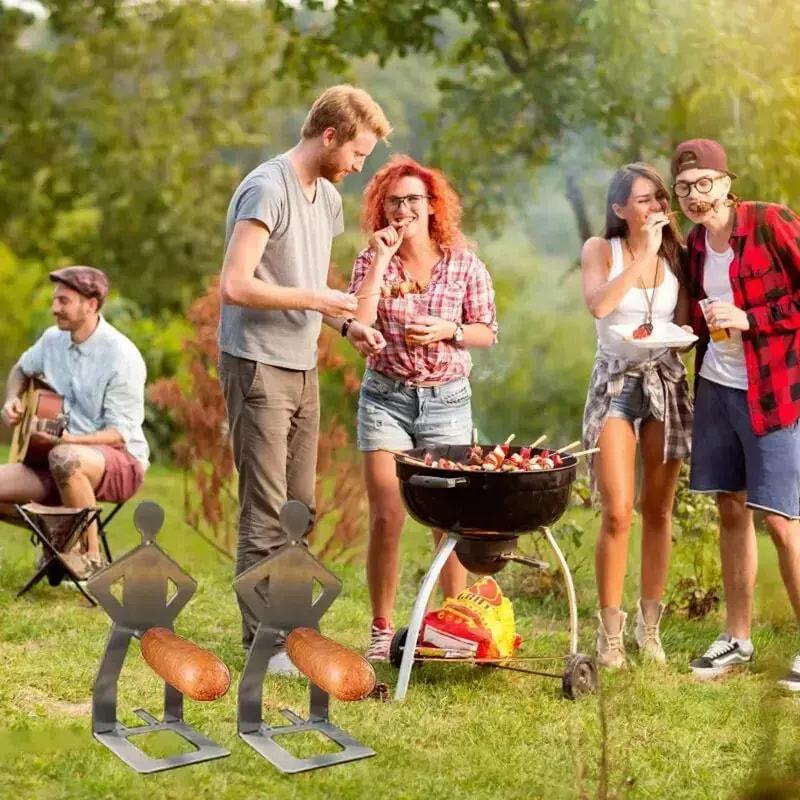 Fun BBQ Grill Men's Hot Dog Rack Stainless Steel Sausage Rack for Barbecue Camping and Parties Black 2 Piece Portable Reusable Kitchenware Food Material Stable Base Funny Shape