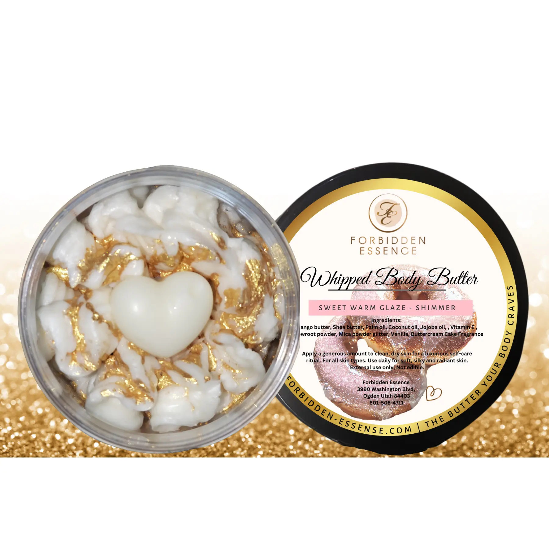 Forbidden Essence Sweet Warm Glaze Shimmer Body Care with Vanilla and Calming Fragrance in a Glitter Packaging