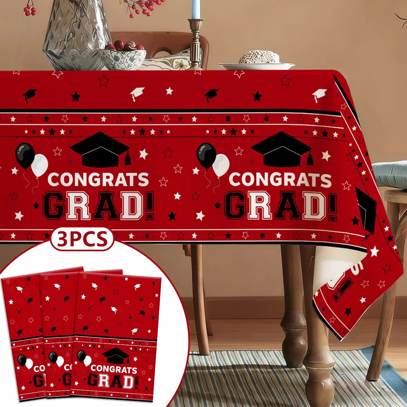 Congrats Grad Graduation Tablecloth Set, 3-Piece & Plastic Cover, Graduation Decorations, Graduation Party Decor, Graduations Party Supplies, Ideal for 2026 High School College Celebration