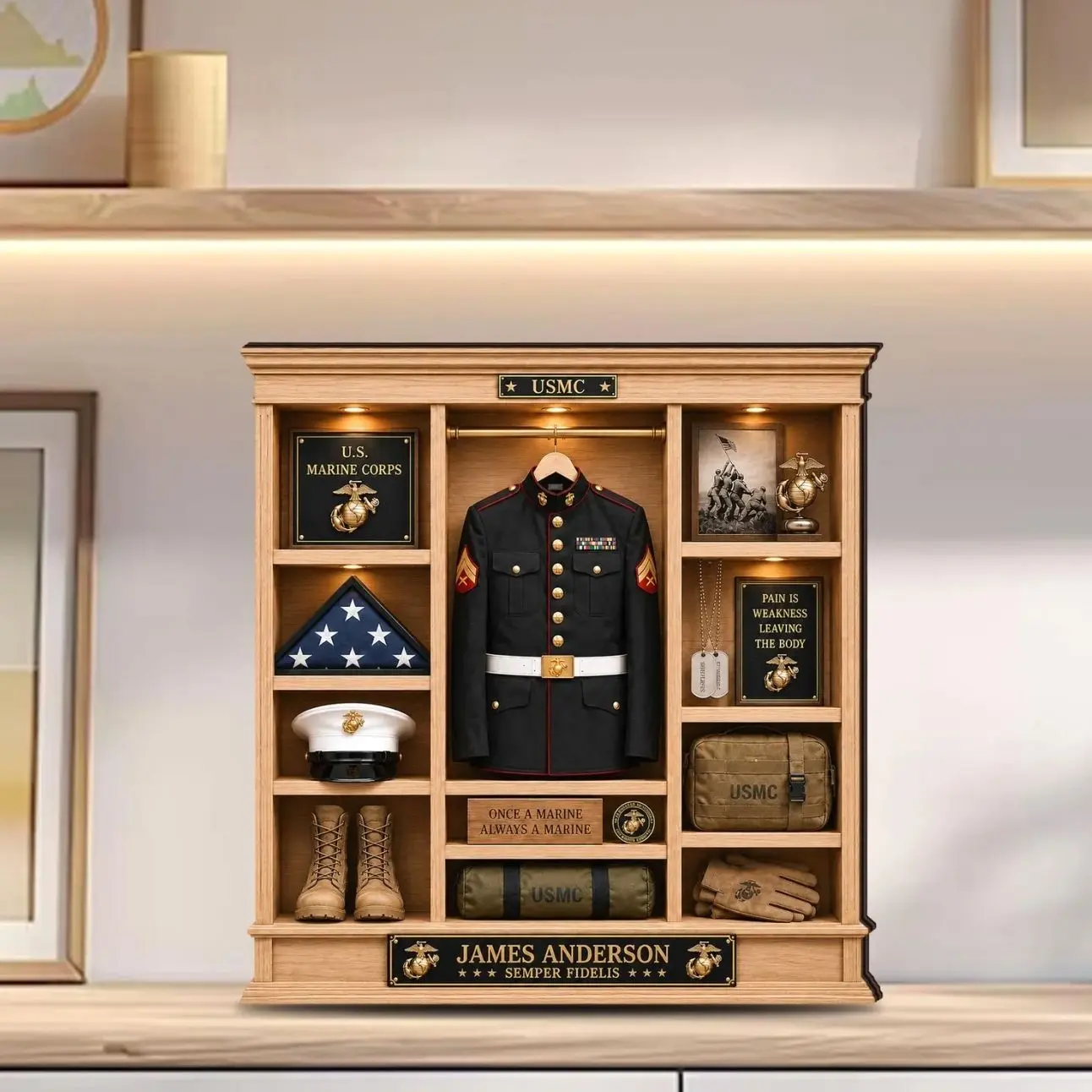 Personalized USMC Shadow Box, Custom Marine Corps Retirement Gift, USMC Veteran Keepsake, Marine Service Display, Military Desk Decor