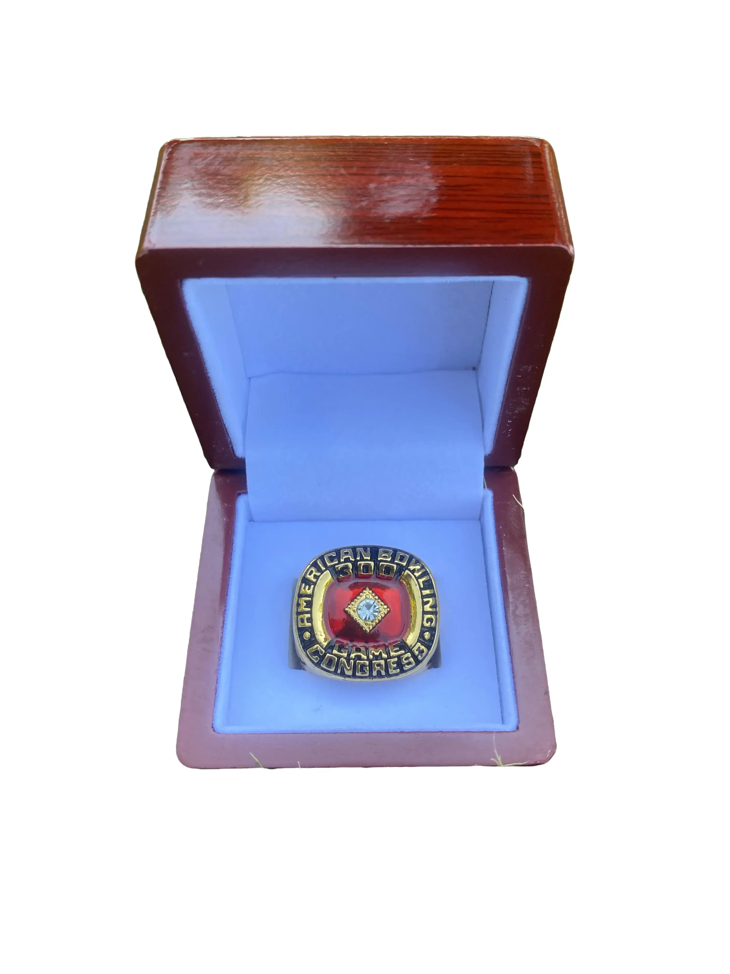 Mens sports jewelry american bowling 300 game championship ring with brown wooden box
