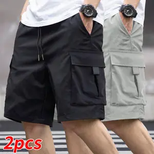 2-pack men’s cargo shorts, drawstring waist with multiple pockets, mid-rise durable non-stretch fabric—essential for hiking, sports, and casual activities | Solid color design, comfortable shorts