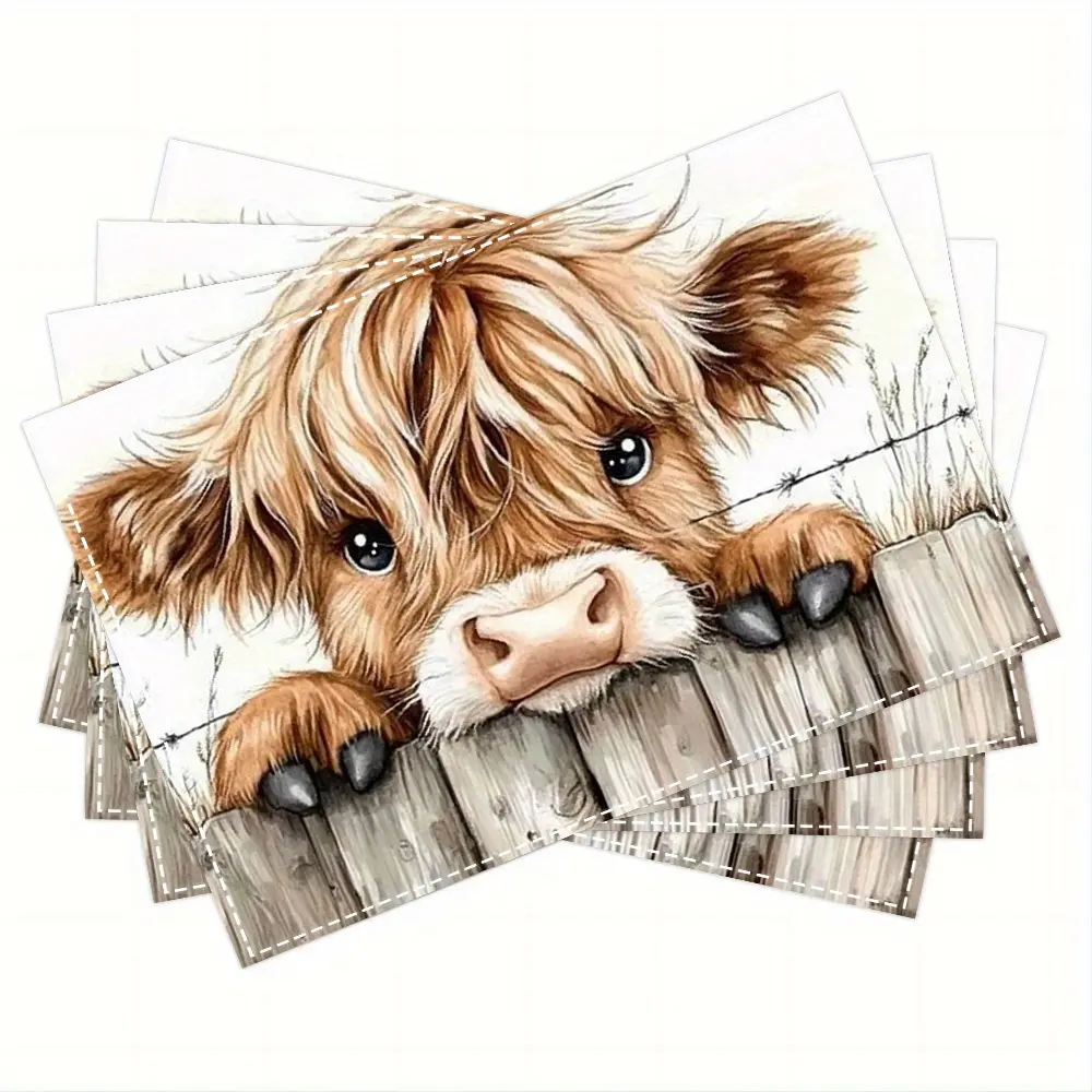 1/4/6pcs Placemats, A Cute Highland Cow Peeking Over The Fence Kitchen Table Mats, Coffee Coasters, Bowl Mats, Insulated Dinner Plate Mats, Home Scene Decor 30.48X45.72cm