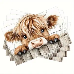1/4/6pcs Placemats, A Cute Highland Cow Peeking Over The Fence Kitchen Table Mats, Coffee Coasters, Bowl Mats, Insulated Dinner Plate Mats, Home Scene Decor 30.48X45.72cm