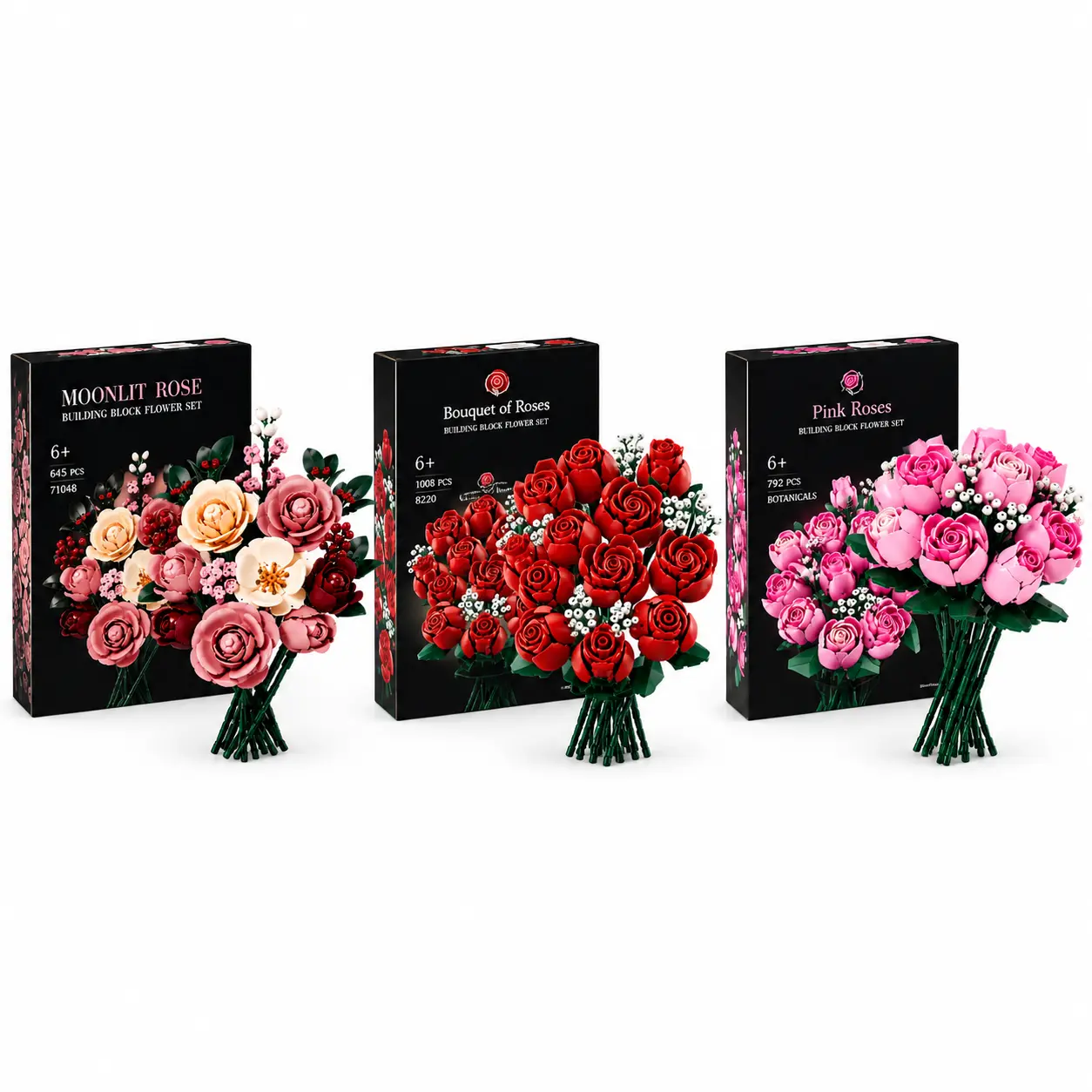 Flower Bouquet Building Block Set - Rose Botanical Building Kit with Pink, Red, Mixed Floral Designs, Creative DIY Arrangement for Home Decor, Teen Girls Gifts for Birthday, Christmas, Valentine’s Day