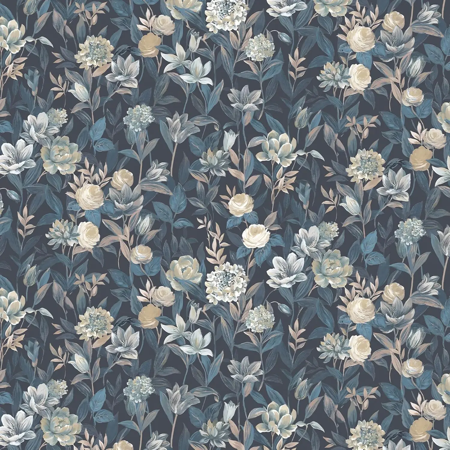 Vinjiasin Vintage Watercolor Flowers Peel-and-Stick Wallpaper - 17in Matte Vinyl Adhesive, Dark Blue Light Blue Removable Wall Murals for Bedroom Accent Wall, Bathroom, Kitchen, Easy-to-Wipe-Clean Furniture DIY Crafts Decor