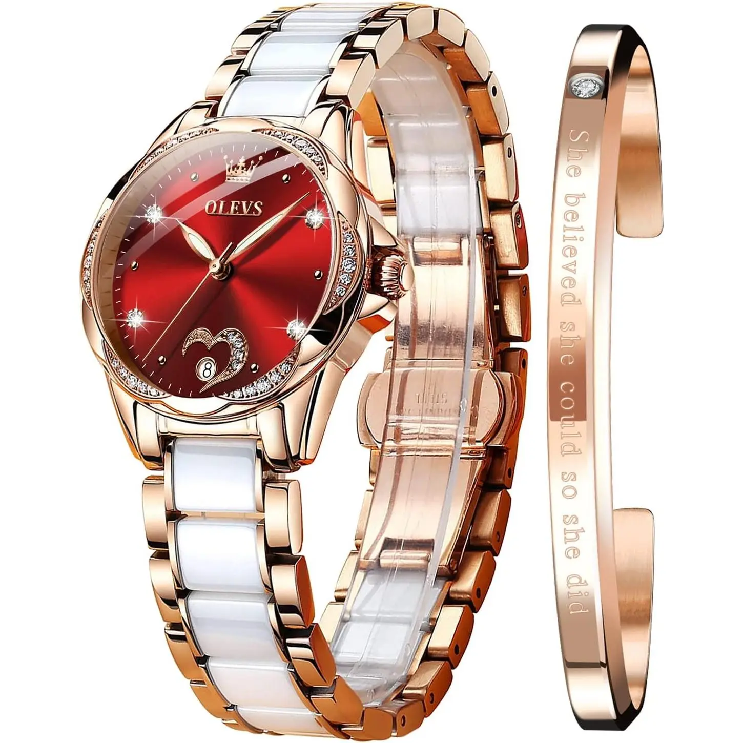 Women Automatic Mechanical Watches Self Winding Rose Gold Two Tone Ceramic Strap Diamond Love Heart Dial Fashion Elegant Dress Ladies Wrist Watches Waterproof Luminous