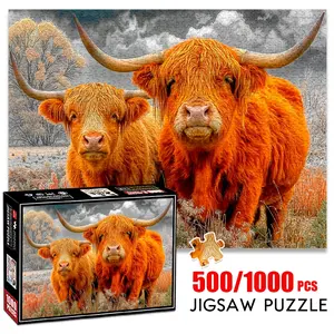 1pc 1000 piece adult puzzle 70x50cm Two Highland Cows with Long Horns in a Field 500 pieces of paper jigsaw puzzle, suitable for adults and families, large-scale DIY puzzle interactive toy games,
