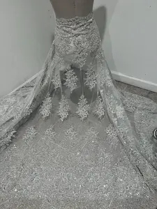 Silver white heavy beaded sequins rhinestones embroidery bridal lace fabric 50” width sold by the Yard
