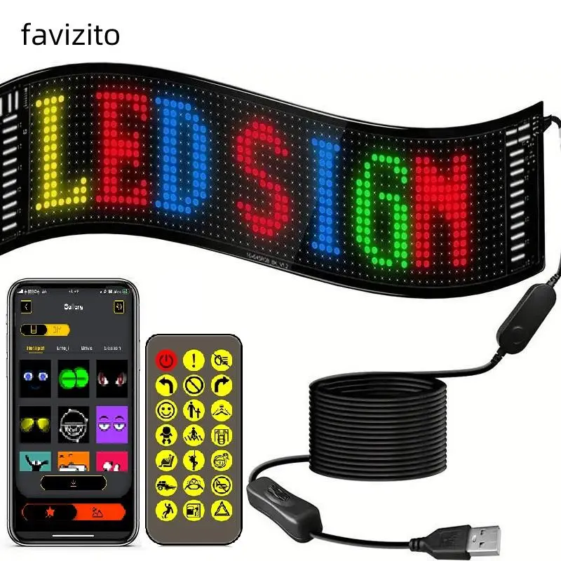 Favizito Scrolling LED Sign, Programmable Flexible LED Digital Display, Smart APP Control & Remote Control Custom Text DIY Pattern Animation Matrix Panel Board Banner LED Lights Car Interior Accessory, Automotive Accessories, Car Decoration