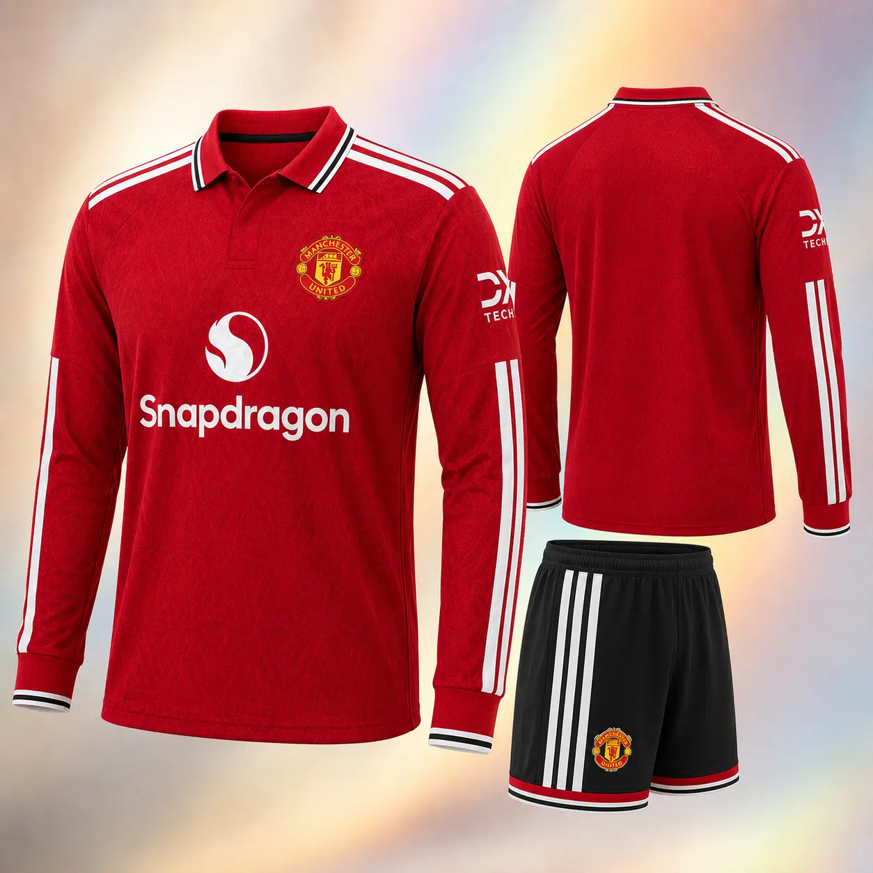 Men’s Red Long Sleeve Soccer Jersey and Black Shorts Set, Polo Collar, White Stripe Details, Football Training and Cold Weather Sports Uniform