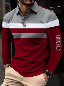 Men's Patchwork Print Long Sleeve Polo Shirt, Regular Fit Casual Button Front Collared Top for Fall & Winter, Men's Clothes for Daily Wear
