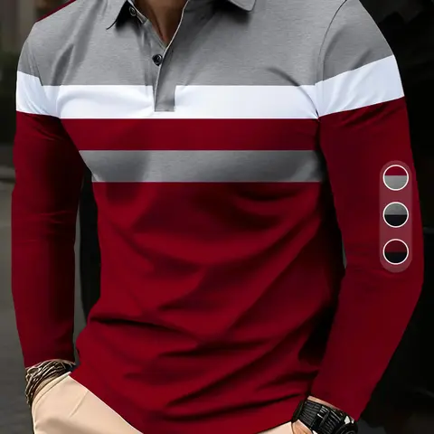【Black Friday】Men's Patchwork Print Long Sleeve Polo Shirt, Polo Style Regular Fit Casual Button Front Collared Top for Fall & Winter, Men's Clothes for Daily Wear, Menswear, Casual Polo Shirts, Buttoned Polo Shirt