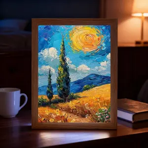 Abstract Sunset Oil Painting Mirror, LED Art Frame, Wall or Table Decor, Three Light Color Adjustments, Birthday Gift
