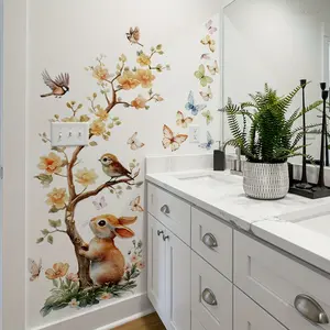 Tree Branch Bird Watching Rabbit Floral Wall Sticker, Self-Adhesive Home Decor Decal, Easy-To-Apply Removable Art Mural, Wall Art Stickers