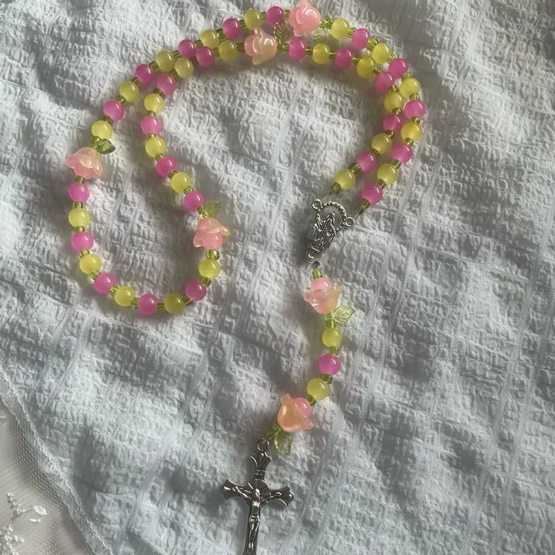 Pink Lemonade Flower Rosary 5 Decade with Pink Yellow Beads Silver Crucifix Centerpiece Semi Stretchy Cord Clamps