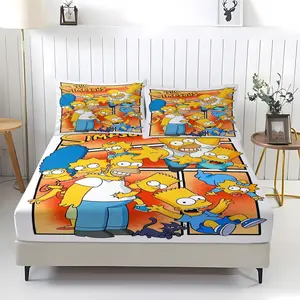Simpsons Family Pattern Printed Bed Sheet Set, Includes 1 Fitted Sheet & 2 Pillowcases, Comfortable Bedding, Non-Slip Dustproof Cover