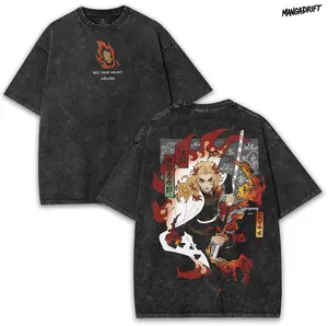 Rengoku Surrounded by Flames from Demon Slayer Washed Tee – Set Your Heart Ablaze in Vintage Graphic | 260GSM Collector Shirt