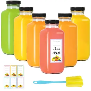 6 Pack 16oz Glass Juice Bottles with Lids, 480ml Drinking Bottles with Caps, Reusable Square Glass Jars Drink Containers Water Bottle for Juicing, Milk, Smoothies, Kombucha
