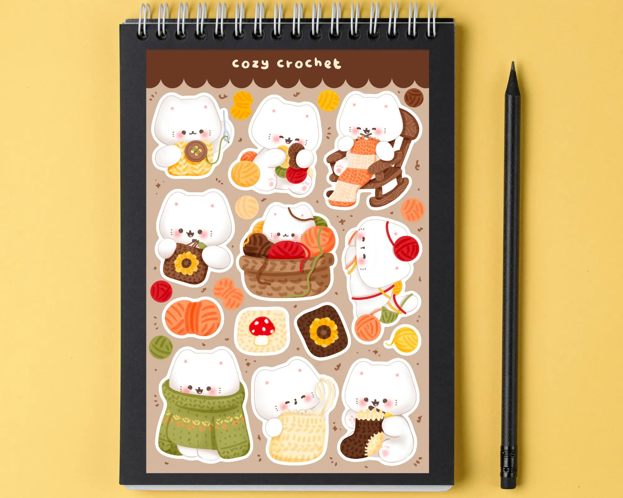 Kawaii Kitty Crochet Sticker Sheet, Cute Cat Crocheting Sticker Pack, Adorable Kitty Yarn Stickers, Crochet Lover Cat Sticker Sheet, Kawaii Crafting Cat Vinyl Decals