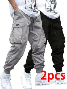 Men's Casual Sport Pants with Pockets and Drawstring Hem, All-Season Wear, Comfortable Daily Use, 2pcs Set