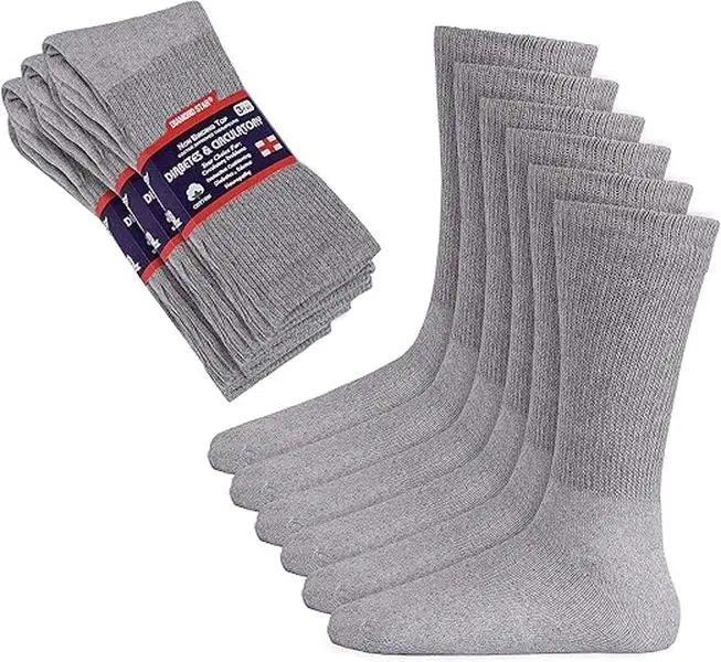 DIAMOND STAR 3 Pairs Diabetic Socks, Non-Binding Circulatory Cushion Cotton Crew Diabetic Socks for Men Women Menswear 13-15 Grey