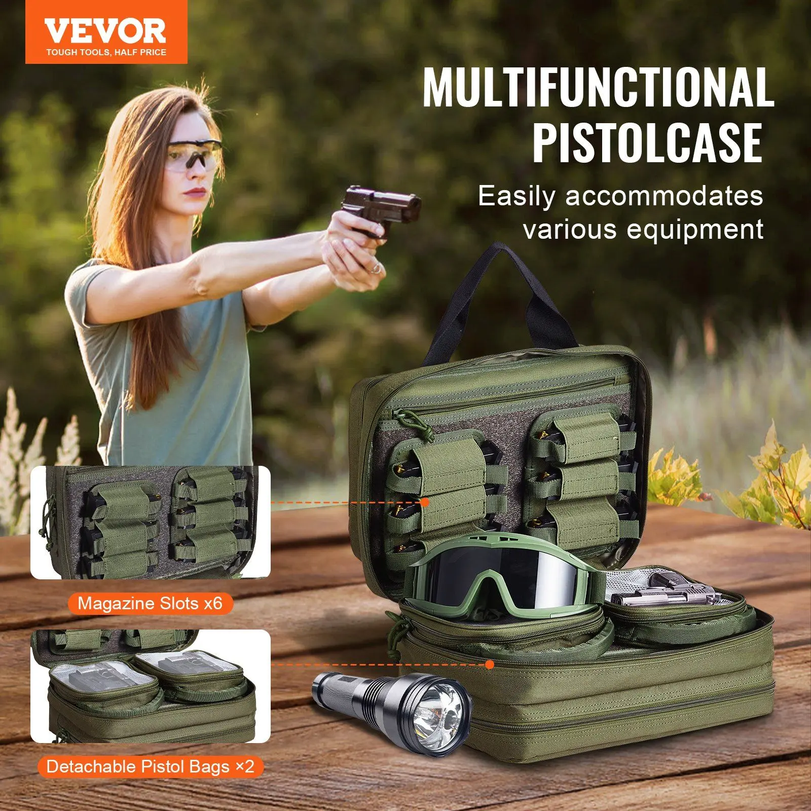 Spring new arrivals Range Bag for 2 Pistols Tactical Gun Bag 2 Built-in Pistol Bags Green, Range Bag for Handguns Gun Case Bag with Lockable Zipper for Shooting Range Outdoor Hunting
