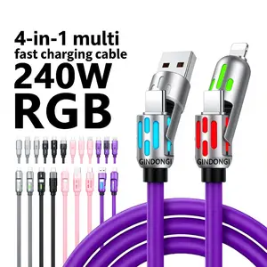 Multi-functional 4-in-1 USB Charging Cable, 240W Fast Charge Data Sync Cord with USB A/C/Lightning Port, Breathing Light Design for All Smart Gadgets