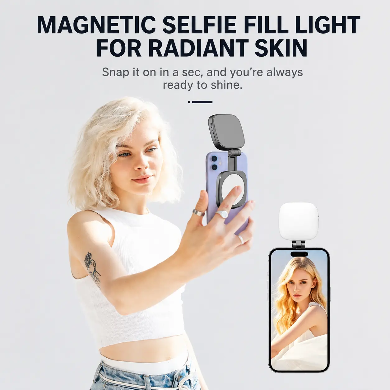 MagSafe Magnetic Selfie Light with Mirror, Portable Rechargeable LED Fill Light for iPhone, 5 Brightness Levels, 5 Light Modes, 360° Rotation for Selfies, Video Calls & Live Streaming