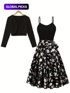 Women's Floral Print Bow Decor Belted Jersey Cami Dress & Open Front Long Sleeve Crop Outwear Two-piece Set Matching, Casual Fashion Cozy Two Piece Outfits for Daily Outdoor Wear, Women Clothes for Spring Fall, Womenswear, Casual Dresses