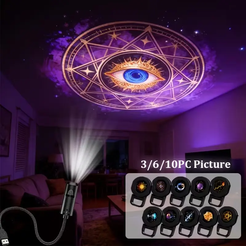 3/6/10pc Pattern LED Projection Lamp, 360° Rotatable LED Projector, Holiday Atmosphere Light, Aurora Projector Lamp, Wall Ceiling Indoor Bedroom Decor, Atmosphere Night Light, Bedroom Led Lights