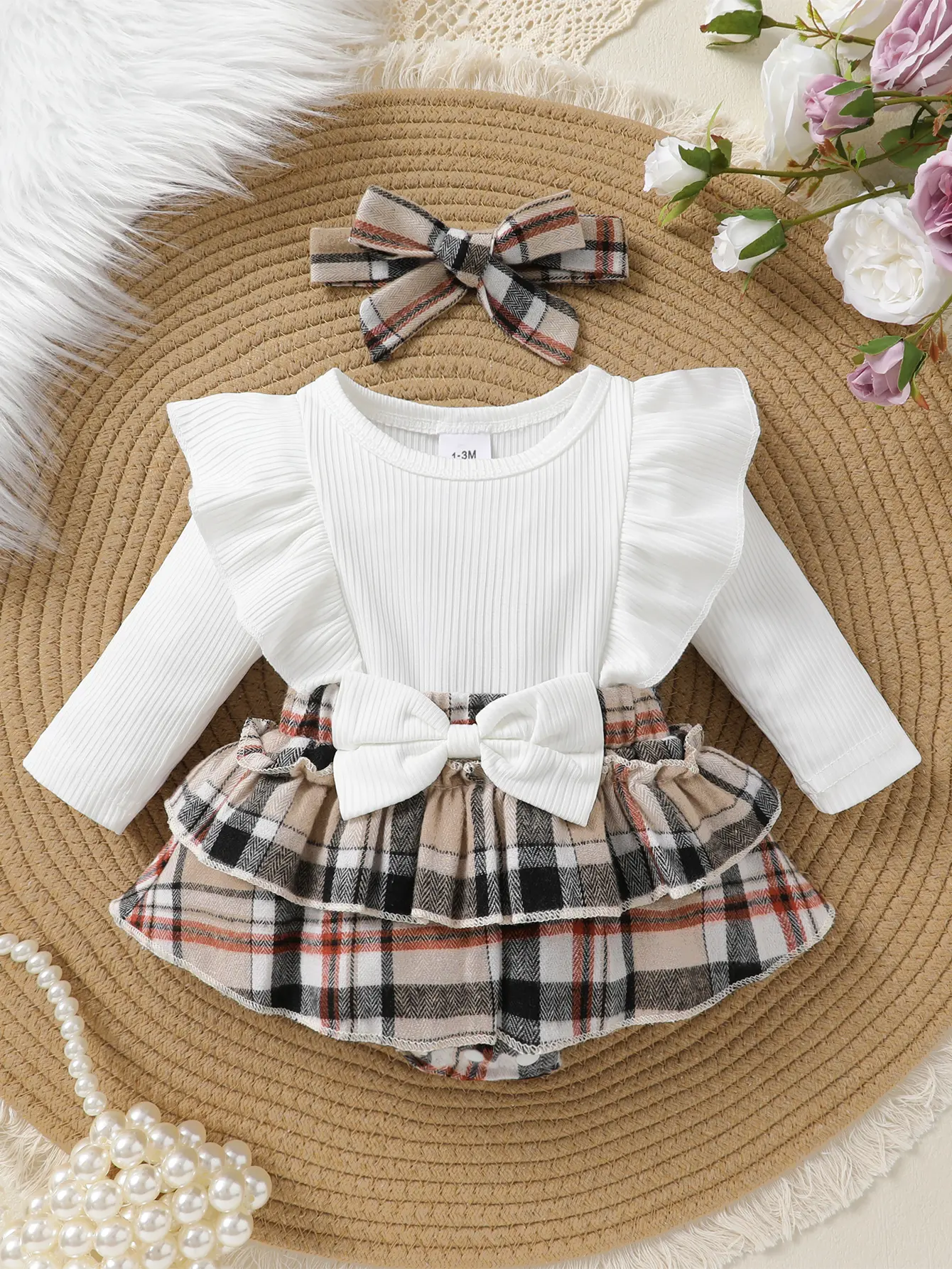 2-piece Set Of Elegant, Sweet And Cute Baby Girl With Bow Tie, Neat Color, Ruffle Edge, Checkered Imitation Skirt Dress, Jumpsuit, Headband Set Suitable For Casual Daily Vacation Parties