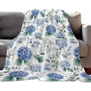Hydrangea Blue Flowers Flannel Throw Blanket, Soft Floral Blanket for Bedroom Sofa, Gentle Blue Home Decor Accent, Cozy Couch Nap Blanket for Living Room, Reading Corner, Daily Relaxing Gift