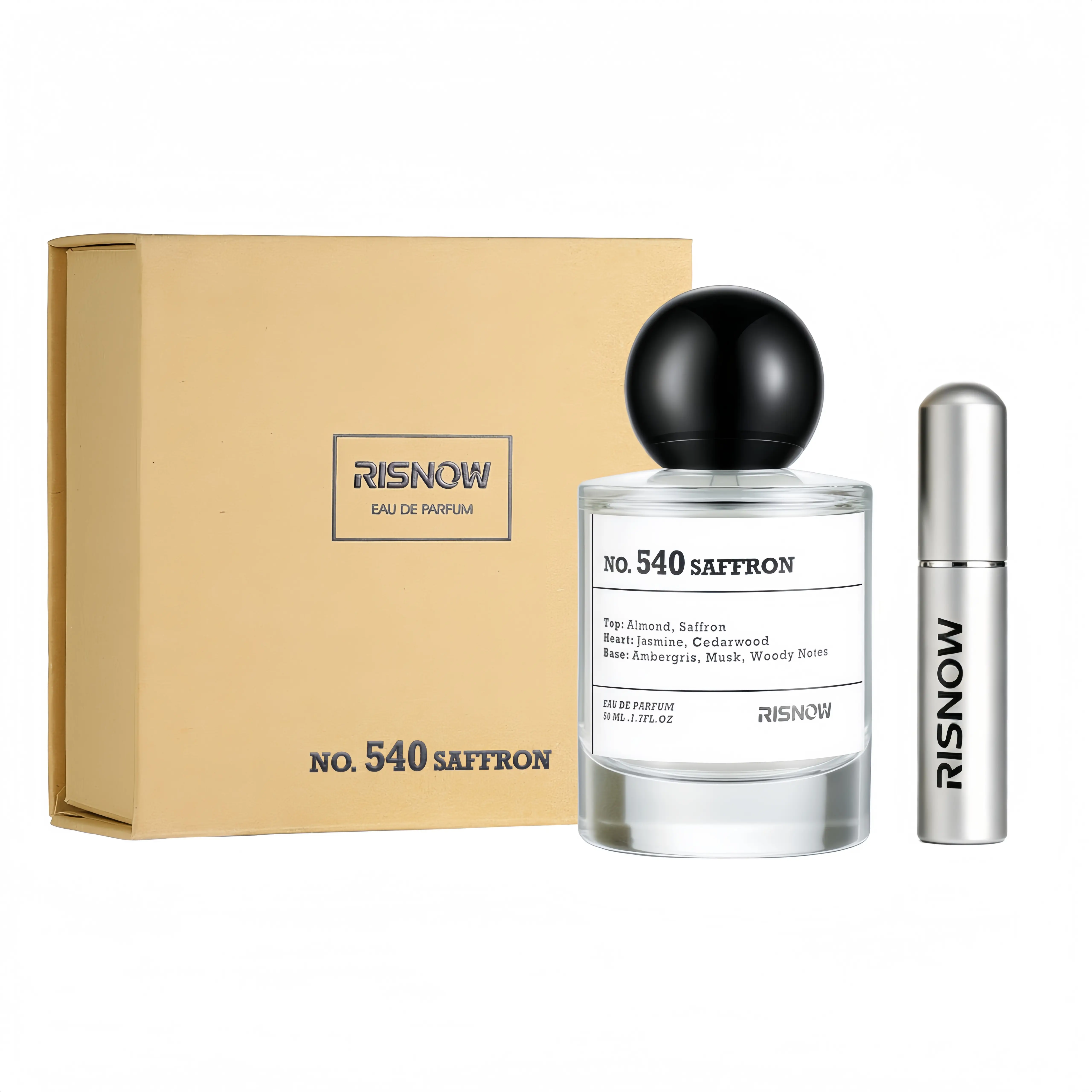 RISNOW No. 540 Saffron Eau de Parfum 50ml with Portable Travel Spray Bottle long-lasting oriental fragrance suitable with Almond Saffron  Jasmine Musk for women's perfume Gift box