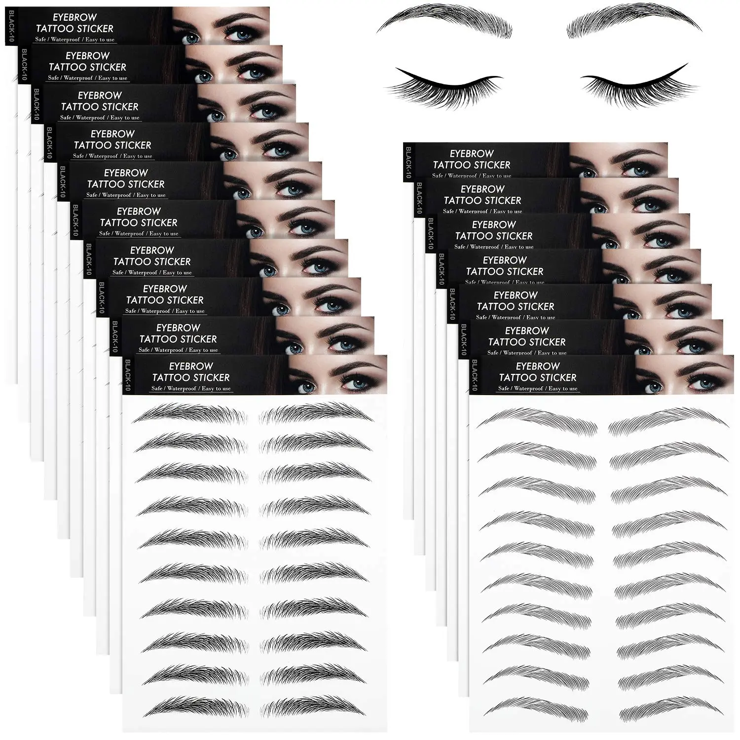 4D Realistic Eyebrow Tattoo Stickers - Waterproof Hair Loss Aid for Women with a Medium Arch, Lasts 2-3 Days - 180 Pairs, Black, Sticker Tattoo, Peel & Apply